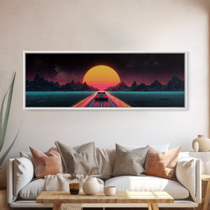 Retro Synthwave Car At Neon Sunset Canvas Print, Futuristic Wall Art, 80s Vaporwave Decor, Gaming Room, Gift For Him, Modern Home Decor