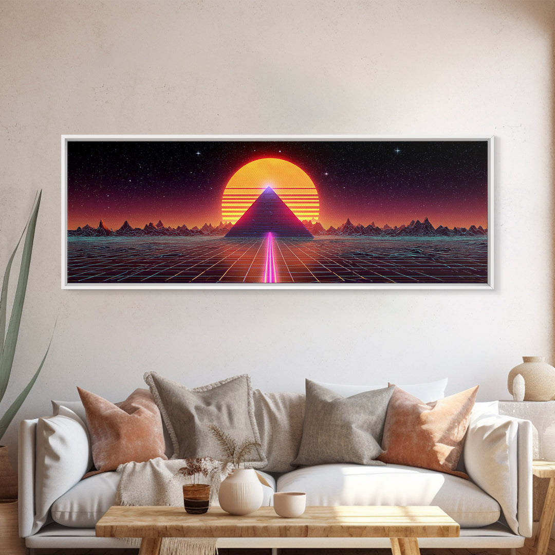 Neon Pyramid Sunset Grid Canvas Print, Retro Futuristic Wall Art, Synthwave Decor, Gaming Room Decor, Large Statement Artwork