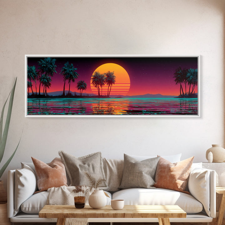 Neon Tropical Sunset Palms Over Ocean Canvas Print, Retro Futuristic Wall Art, Synthwave Beach Decor For Modern Living Room