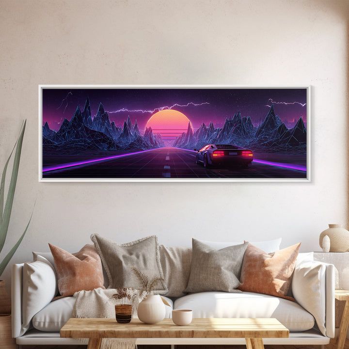 Synthwave Mountain Highway Canvas Print, Retro Futuristic Car Wall Art, Neon Gaming Room Decor, Vaporwave Poster, Cyberpunk Gift For Him