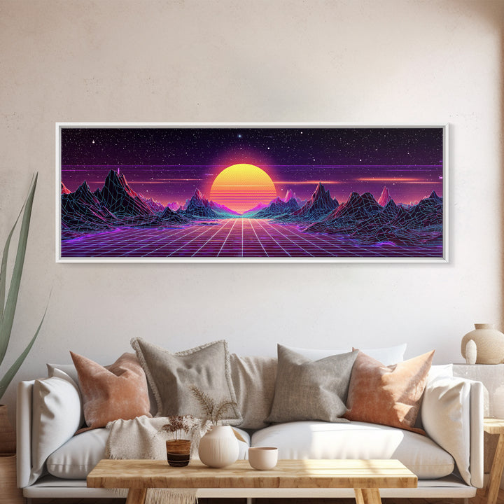 Retro Futuristic Mountain Grid Sunset Canvas Print, Synthwave Wall Art, Neon Vaporwave Decor For Game Room Or Dorm Room Decor