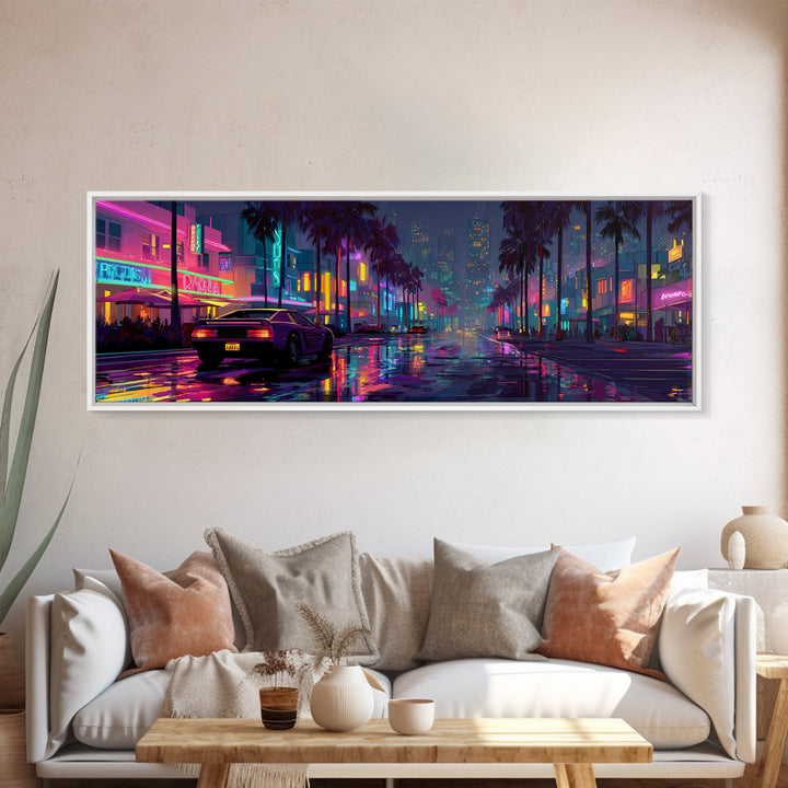 Neon Cyberpunk City Street Wall Art, Futuristic Canvas Print For Gaming Room Decor, Vaporwave Apartment Decor Gift For Him