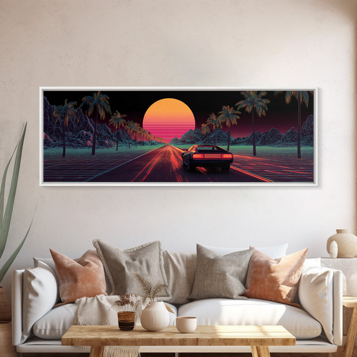 Retro Synthwave Car On Neon Palm Road Wall Art, 80s Vaporwave Canvas Print, Futuristic Cityscape Home Decor Poster For Living Room