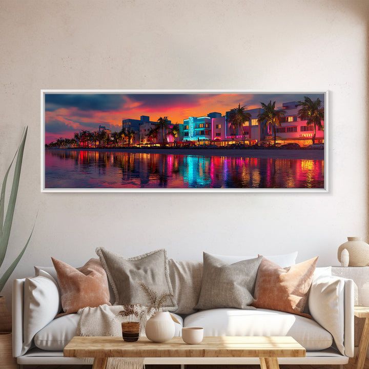 Vibrant Neon Miami Waterfront At Sunset Canvas Print, Tropical Palm City Wall Art, Coastal Home Decor, Art Deco Travel Poster Gift