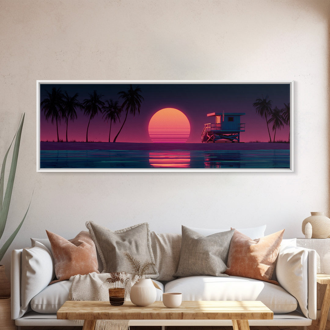 Retro Lifeguard Tower At Pink Sunset Framed Canvas Print, Coastal Beach Wall Art, Palm Tree Ocean Decor For Bedroom Or Living Room