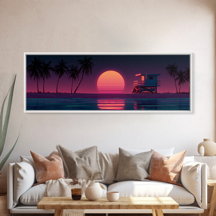 Retro Lifeguard Tower At Pink Sunset Framed Canvas Print, Coastal Beach Wall Art, Palm Tree Ocean Decor For Bedroom Or Living Room