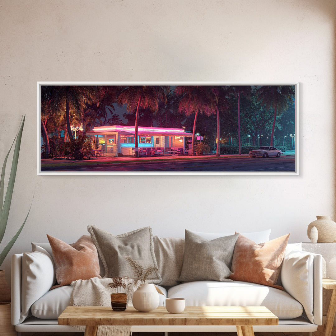 Neon Retro Diner At Night Framed Canvas Print, Cyberpunk Wall Art For Kitchen Bar Decor, Miami Vaporwave Home Decor Poster