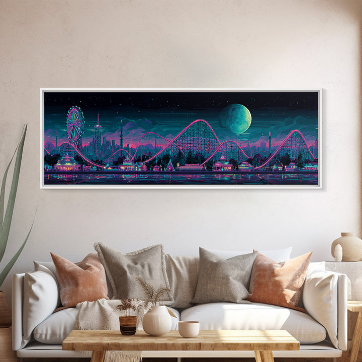 Neon Roller Coaster Park Canvas Print, Retro Futuristic Skyline With Moon, Modern Cyberpunk Neon City Game Room Wall Art Decor