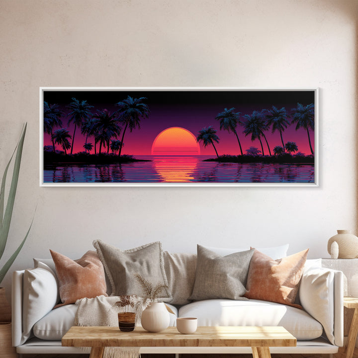 Neon Tropical Sunset Canvas Print, Retro Palm Tree Wall Art, Vaporwave Beach Decor, Coastal Summer Living Room Art, Large Poster