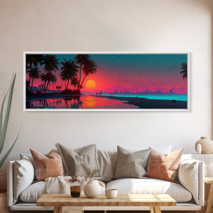 Neon Tropical City Beach Sunset Wall Art, Synthwave Ocean Skyline, Retro Futuristic Large Horizontal Coastal Living Room Decor