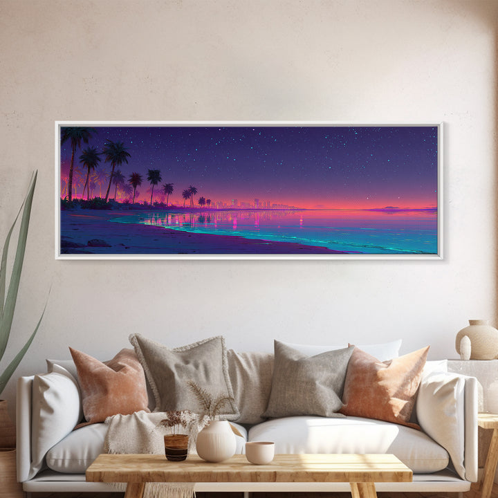 Neon Tropical Beach Skyline Under Stars, Coastal Canvas Print, Cityscape Wall Art, Beach House Decor, Modern Home Decor Print