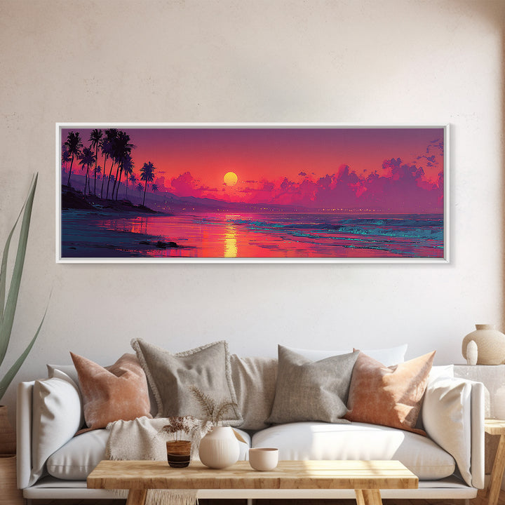 Magenta Tropical Beach Sunset Wall Art, Coastal Seascape Canvas Print, Palm Tree Decor, Summer Vibes, Living Room Poster