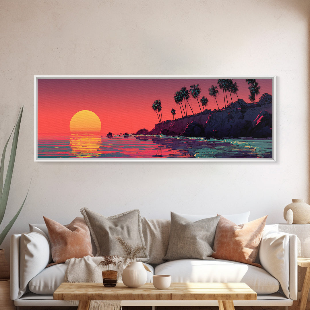 Retro Pixel Palm Beach Sunset Wall Art, Vaporwave Ocean Landscape Print, Tropical Coastal Decor, Long Horizontal Canvas Print