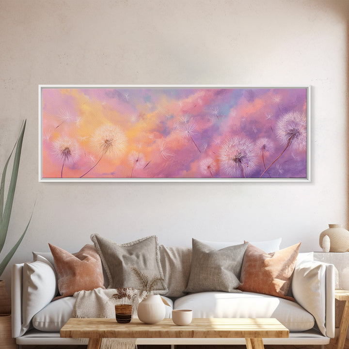 Pastel Dandelion Wishes Wall Art, Dreamy Wildflower Sky Print, Soft Floral Nursery Decor, Whimsical Bedroom Canvas Art, Gift For Her