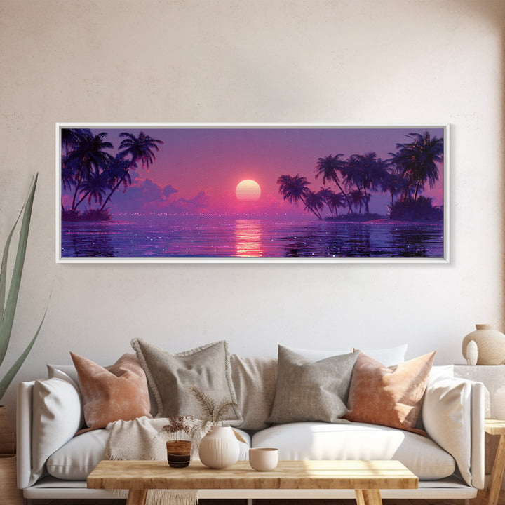 Retro Tropical Sunset Lagoon With Palm Trees Canvas Print, Vaporwave Ocean Wall Art, Coastal Decor, Beach House Gift For Her