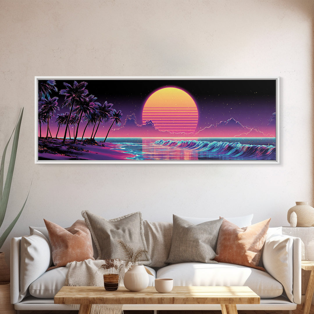 Neon Tropical Beach Sunset Canvas Print, Retro Palm Tree Ocean Wave Wall Decor, Vaporwave Coastal Art For Living Room Modern Home Decor