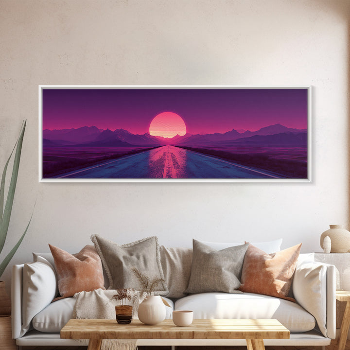Magenta Desert Road Wall Art, Retro Futuristic Mountain Sunset Canvas Print, Synthwave Decor, Large Horizontal Wall Art Print