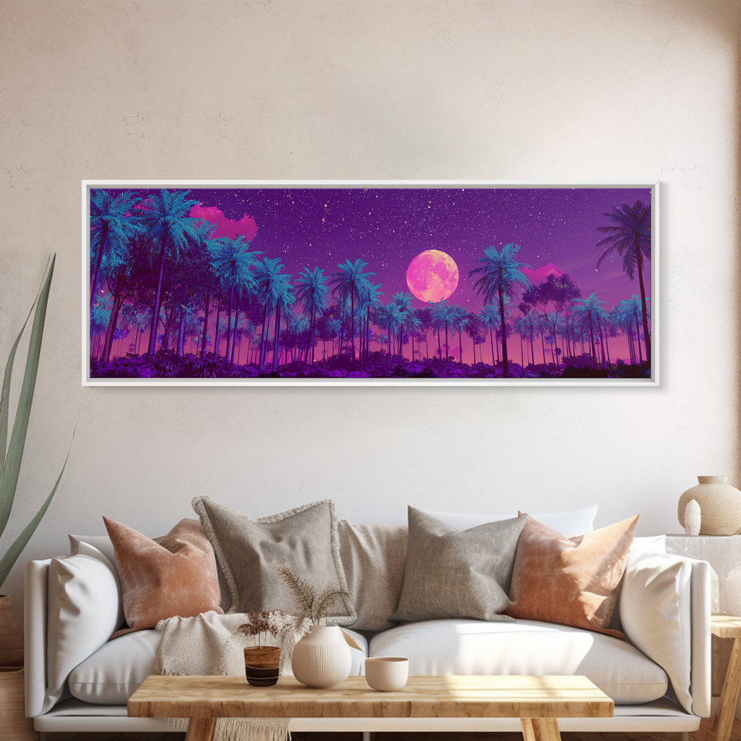 Magenta Moonlit Palm Forest Wall Art, Tropical Night Landscape, Celestial Decor, Purple Jungle, Boho Bedroom Wall Decor, Canvas Print