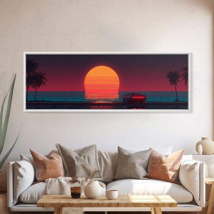 Retro Car At Neon Ocean Sunset Canvas Print, Synthwave Wall Art, Vaporwave Beach Decor, Masculine Office Art Gift For Him