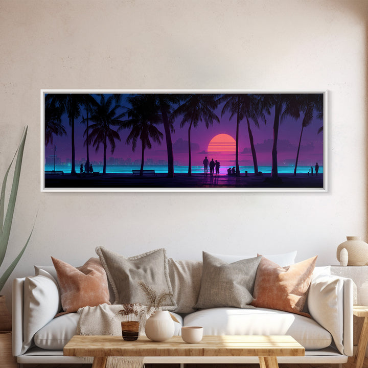 Retro Tropical Beach Sunset Canvas Print, Palm Tree Wall Art, Coastal Wall Decor, Purple Pink Modern Bedroom Wall Art Print
