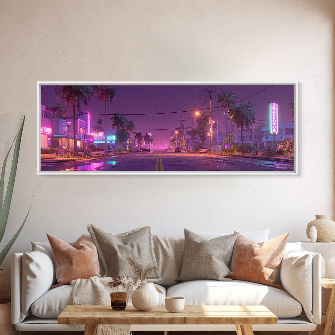 Neon Palm Street At Dusk Canvas Print, Retro Miami Cityscape, Cyberpunk Wall Art, Vaporwave Decor For Living Room Modern Home Decor