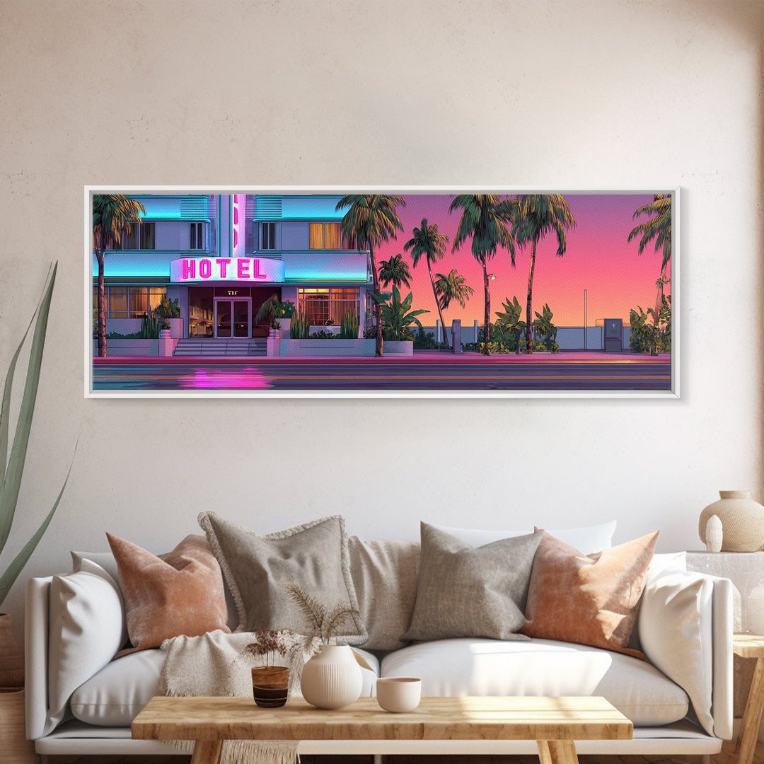 Neon Pink Hotel Facade Wall Art, Retro Miami Palm Canvas Print, Tropical Travel Poster Decor, Coastal Motel Room Print Home Decor Gift