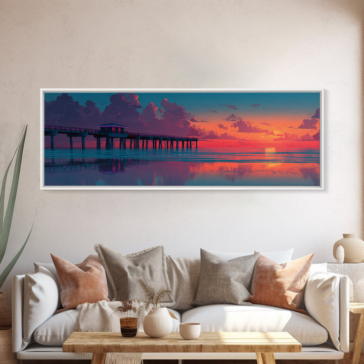 Sunset Pier Ocean Reflection Canvas Print, Coastal Wall Art, Beach House Decor, Seascape Painting, Nautical Living Room Art