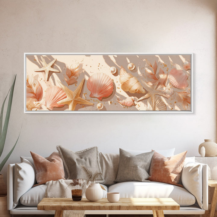 Neutral Seashells And Starfish Canvas Print, Coastal Wall Art, Beach House Decor, Nautical Bathroom Art, Summer Gift For Her
