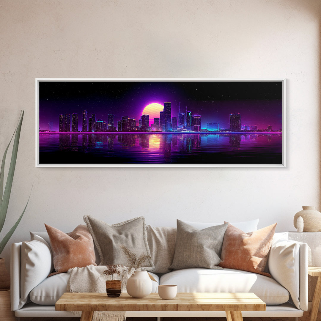 Neon City Skyline Moonrise Canvas Print, Purple Cyberpunk Wall Art, Miami Nightscape, Vaporwave Living Room Modern Home Decor