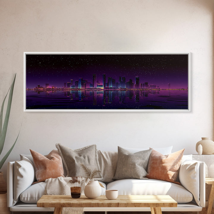 Starry Purple City Skyline Canvas Print, Panoramic Urban Night Wall Art, Modern Office Decor, Large Cityscape Poster Print