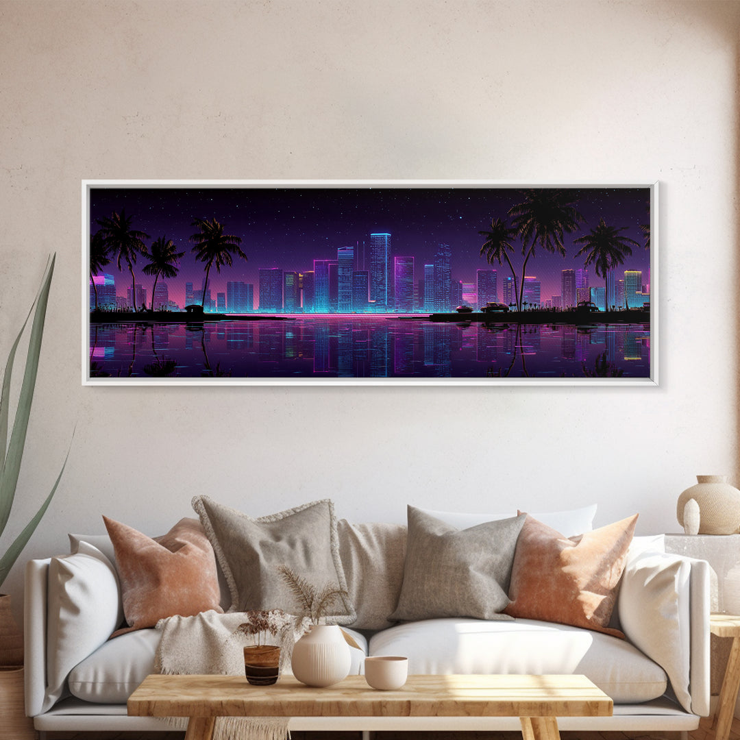 Neon Tropical City Skyline Canvas Print, Cyberpunk Wall Art With Palm Trees, Vaporwave Decor For Gaming Room And Apartment Decor