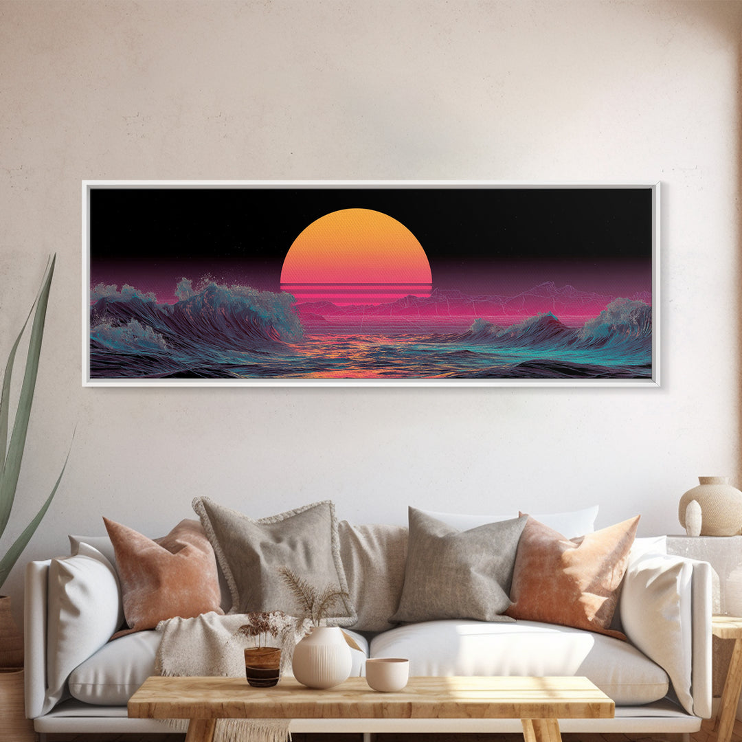 Retro Synthwave Ocean Sunset Wall Art, Neon Seascape Print, Vaporwave Coastal Decor, Futuristic Waves, Modern Gaming Room Art
