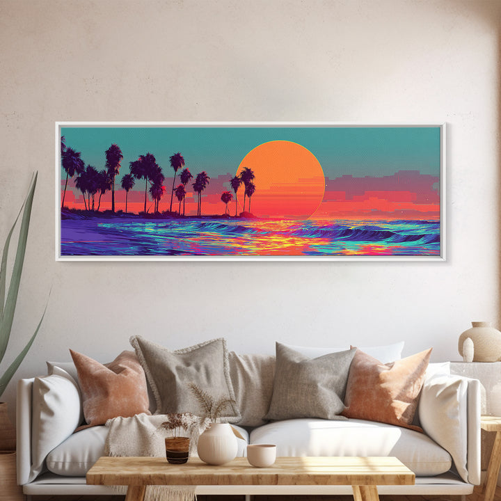 Neon Tropical Sunset Ocean Palms Canvas Print, Retro Vaporwave Wall Art, Coastal Decor, Beach House, Living Room Decor, Art Print