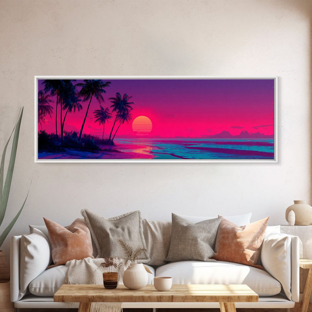Tropical Palm Beach Sunset Wall Art, Neon Coastal Canvas Print, Pink Ocean Decor, Retro Island Housewarming Gift For Her