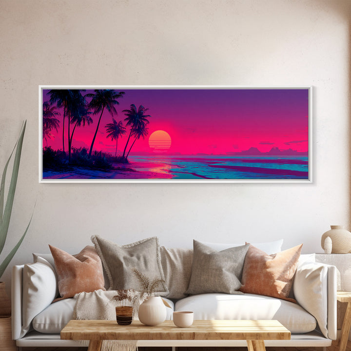 Tropical Palm Beach Sunset Wall Art, Neon Coastal Canvas Print, Pink Ocean Decor, Retro Island Housewarming Gift For Her