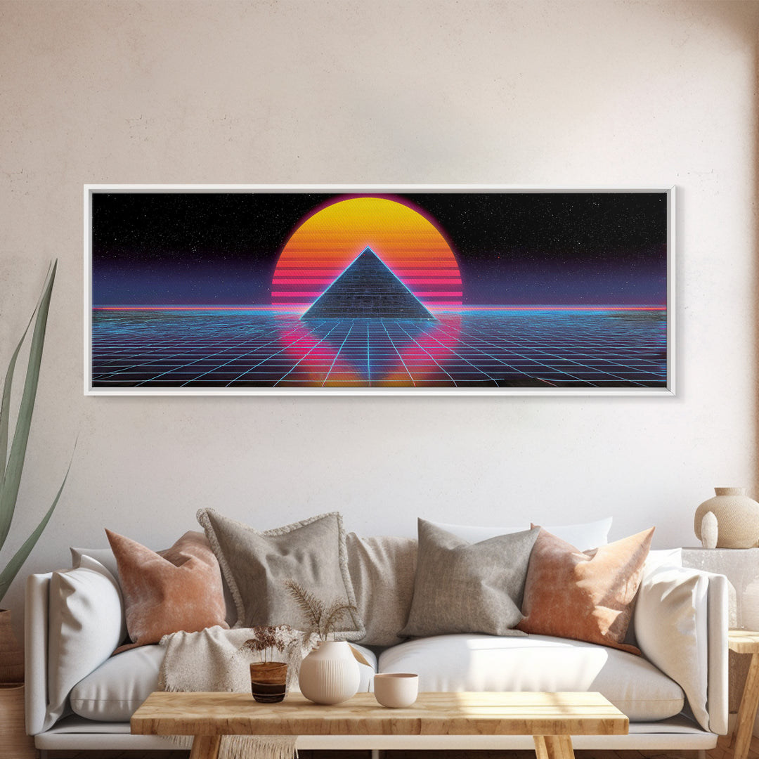 Neon Pyramid Grid Wall Art, Retro Futuristic Space Canvas Print, Synthwave Gaming Room Decor, Vaporwave Statement Art Gift