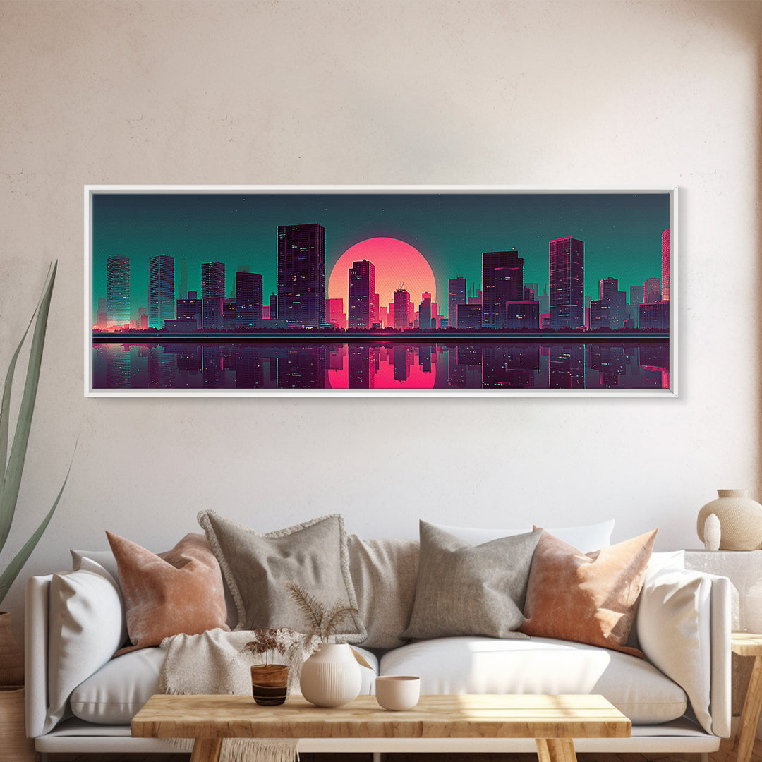 Neon City Skyline Reflection Canvas Print, Retro Futuristic Wall Art, Cyberpunk Office Decor, Modern Apartment Decor, Gift For Him