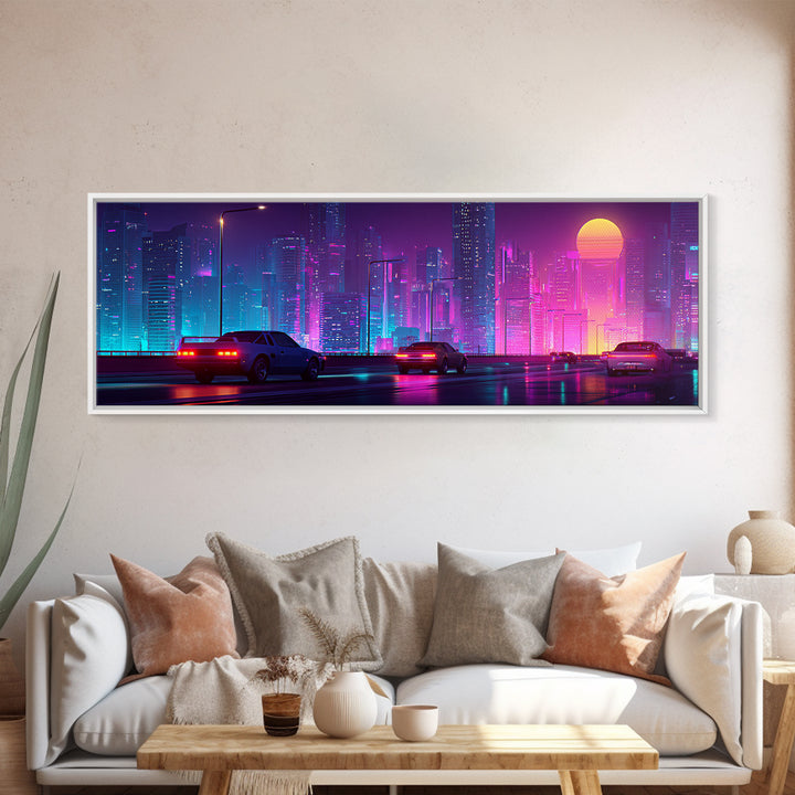 Cyberpunk Neon City Highway Canvas Print, Futuristic Car Wall Art, Synthwave Gaming Room Decor For Office And Man Cave Wall Decor