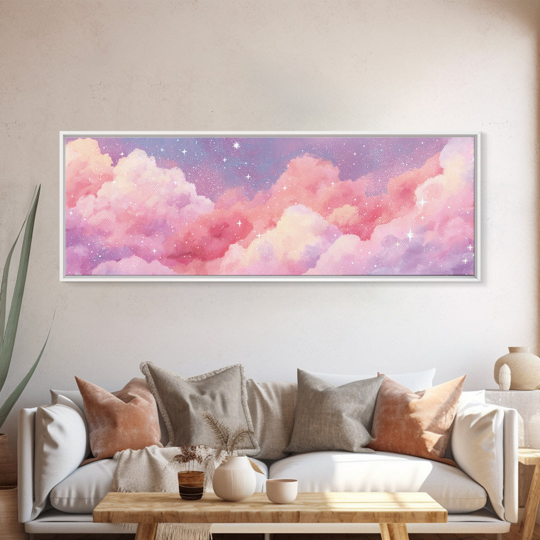 Pink Cotton Candy Clouds Wall Art, Dreamy Celestial Sky Print, Starry Nursery Decor, Pastel Bedroom Canvas Art Gift For Her