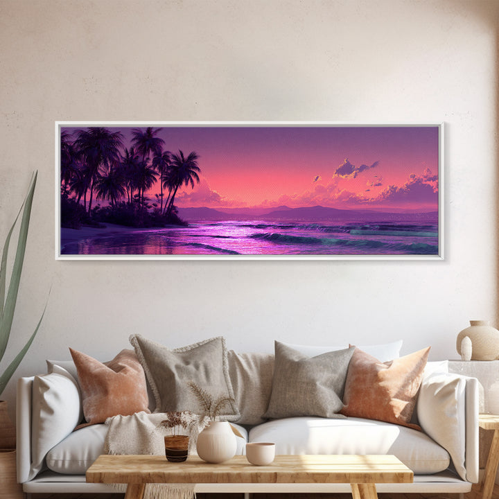 Tropical Purple Beach Sunset Wall Art, Palm Tree Ocean Landscape Canvas Print, Coastal Decor, Romantic Bedroom And Living Room Art