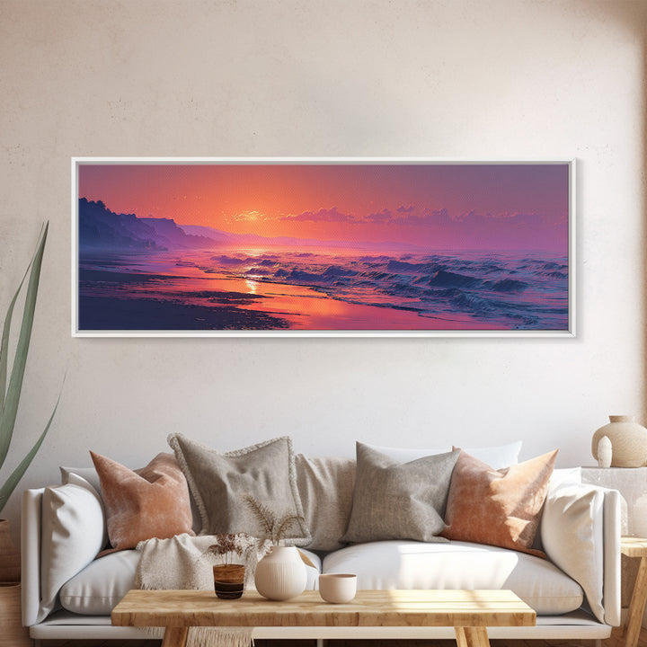Moody Pink Ocean Sunset Seascape Wall Art, Coastal Canvas Print, Abstract Beach Decor, Serene Living Room Wall Art, Calming Decor
