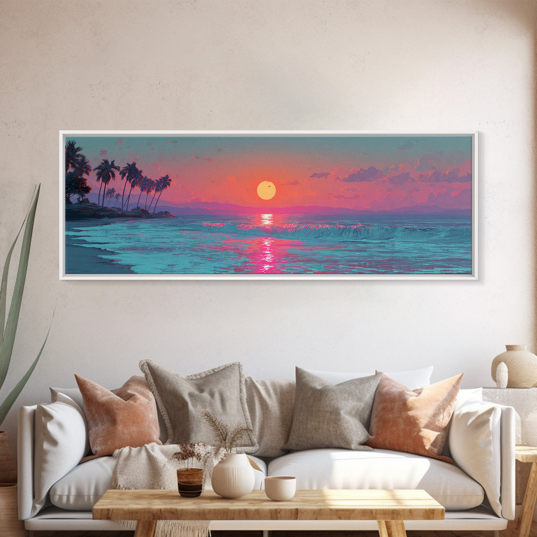 Pink Ocean Sunset Wall Art, Tropical Seascape Canvas Print, Coastal Decor, Beach House Decor, Large Living Room Art Print