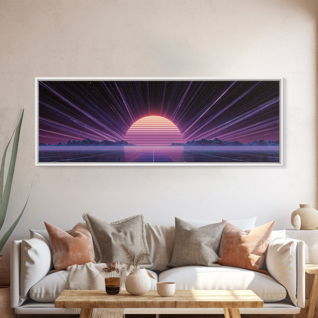 Retro Futuristic Sun Over Neon Lake Canvas Print, Synthwave Wall Art, Vaporwave Poster, Gaming Room Decor, Cyberpunk Gift
