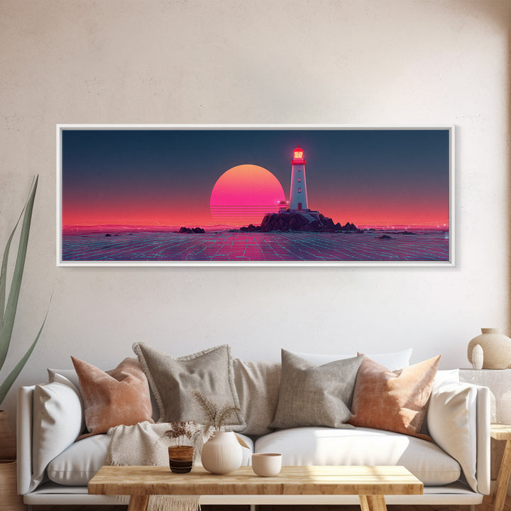 Neon Lighthouse Sunset Over Ocean, Synthwave Coastal Wall Art, Retro Futuristic Canvas Print, Large Beach House Decor, Wall Decor