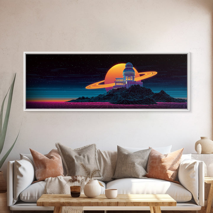 Retro Futuristic Observatory On Ringed Planet Canvas Print, Sci Fi Wall Art, Space Decor, Vaporwave Poster For Game Room