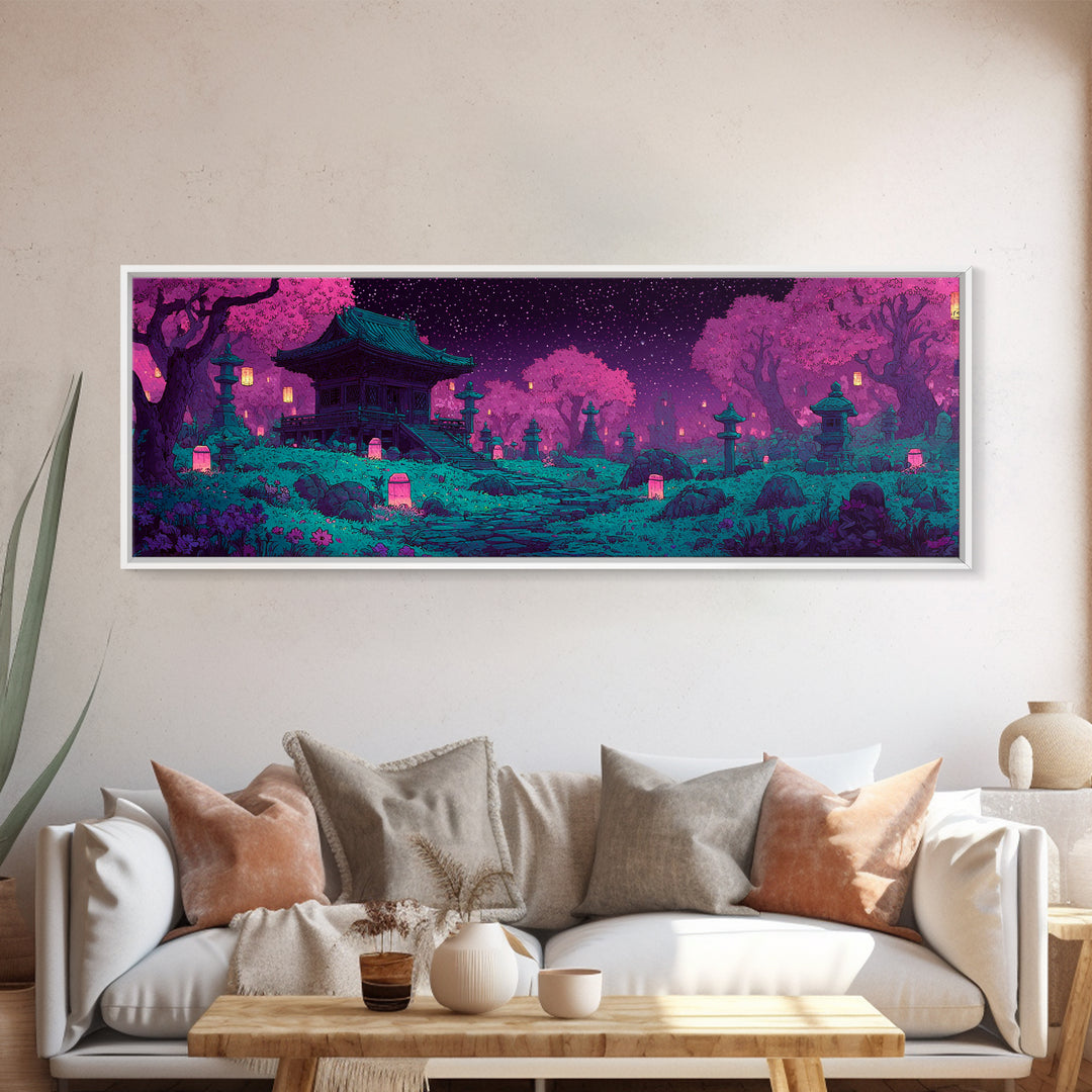 Pixel Art Cherry Blossom Shrine Wall Art, Japanese Garden Canvas Print, Whimsical Lantern Decor For Maximalist Room Wall Decor