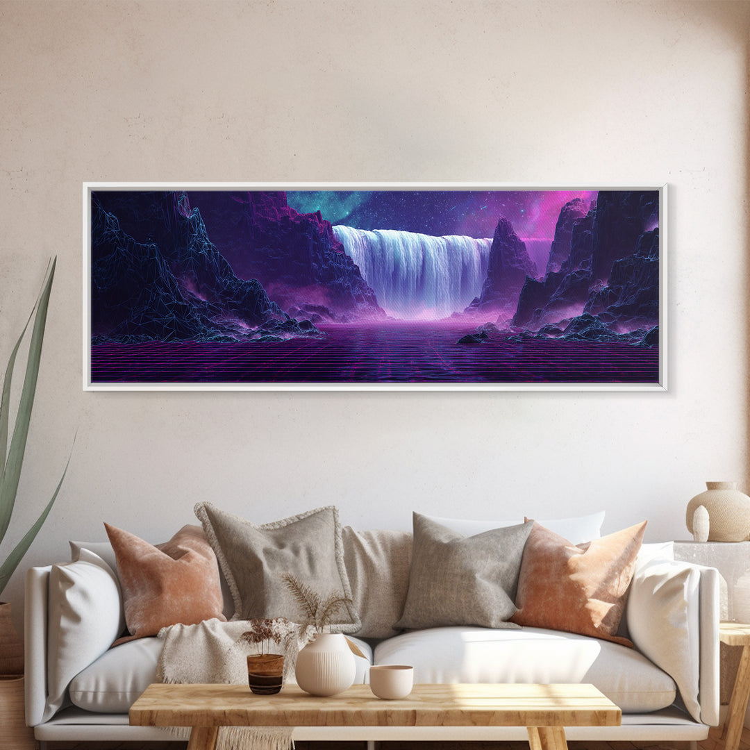 Alien Waterfall Galaxy Canvas Print, Futuristic Fantasy Landscape, Neon Sci Fi Wall Decor, Vibrant Space Art For Gamer Room