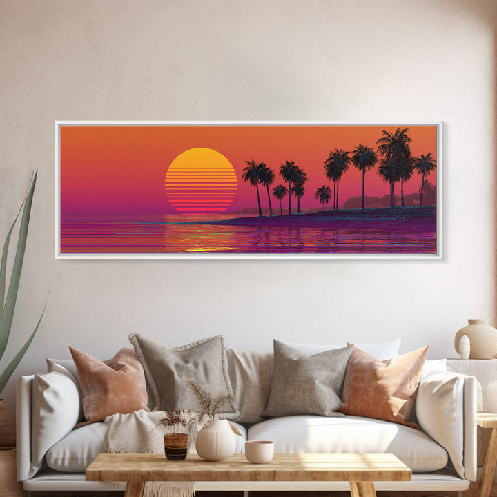 Retro Palm Beach Sunset Canvas Print, Tropical Ocean Wall Art, Vaporwave Coastal Decor For Living Room And Bedroom Wall Decor