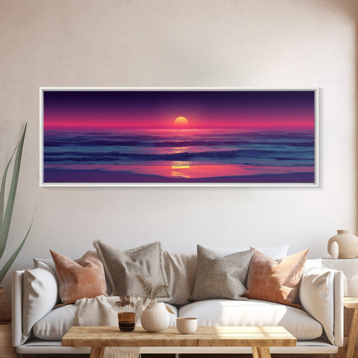 Pink Ocean Sunset Beach Canvas Print, Neon Seascape Wall Decor, Coastal Wall Art, Summer Beach House Living Room Decor Print