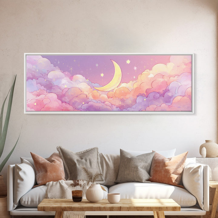 Cute Crescent Moon In Pastel Clouds Wall Art, Whimsical Celestial Nursery Decor, Pink Kids Room Canvas Print, Baby Shower Gift